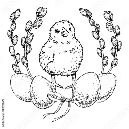 Hand drawn black and white illustration of a fluffy chick with eggs, pussy willow branches and ribbon. Suitable for Easter cards, spring holidays, packaging, prints, crafts and nature projects.