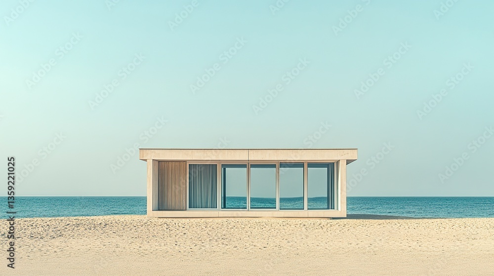 Fototapeta premium Contemporary beach building, pristine facade framed by sand and sea, soft natural lighting, open view with room for copy space above and around. 