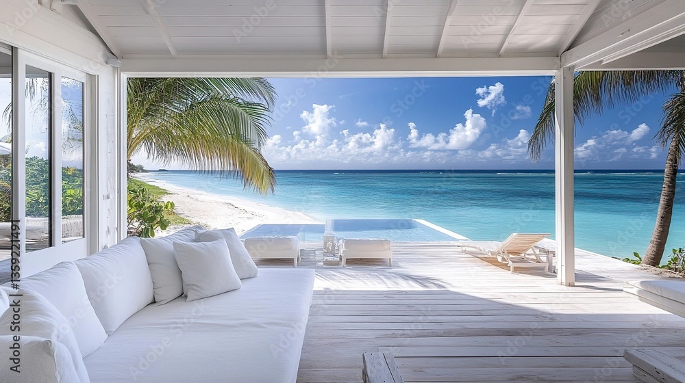 Fototapeta premium Contemporary beach house interior, crisp white walls and soft neutral tones, ocean views blending with the minimalist design, tropical Caribbean lifestyle, wide view. 