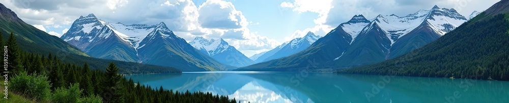 Beautiful panoramic view of Glacier National Park with snow-capped mountains, pristine lakes, and lush forests, adventure, snow Beautiful panoramic view of Glacier National Park with snow-capped mountains, pristine lakes, and lush forests, adventure, snow