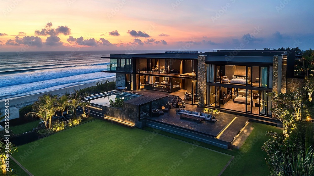 Fototapeta premium Contemporary beachfront estate, infinity pool overlooking ocean waves, open-concept interiors with chic decor, soft sunset glow 