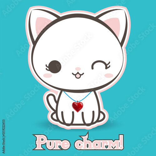 Cute white kitten with a heart pendant, sticker, text Pure charm! Little kitten, pet, kitty