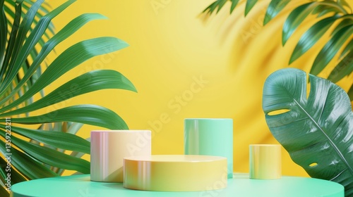 Obraz na płótnie Colorful Cylinders Displayed Amidst Lush Green Tropical Leaves w salonie