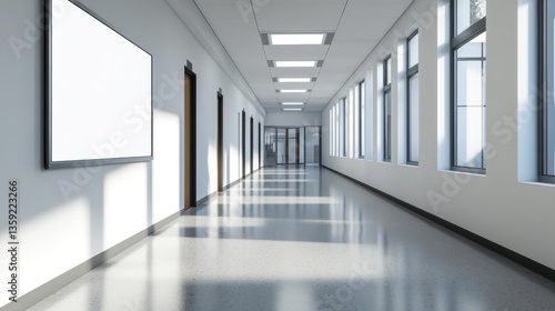 modern empty school corridor with large windows and blank sign