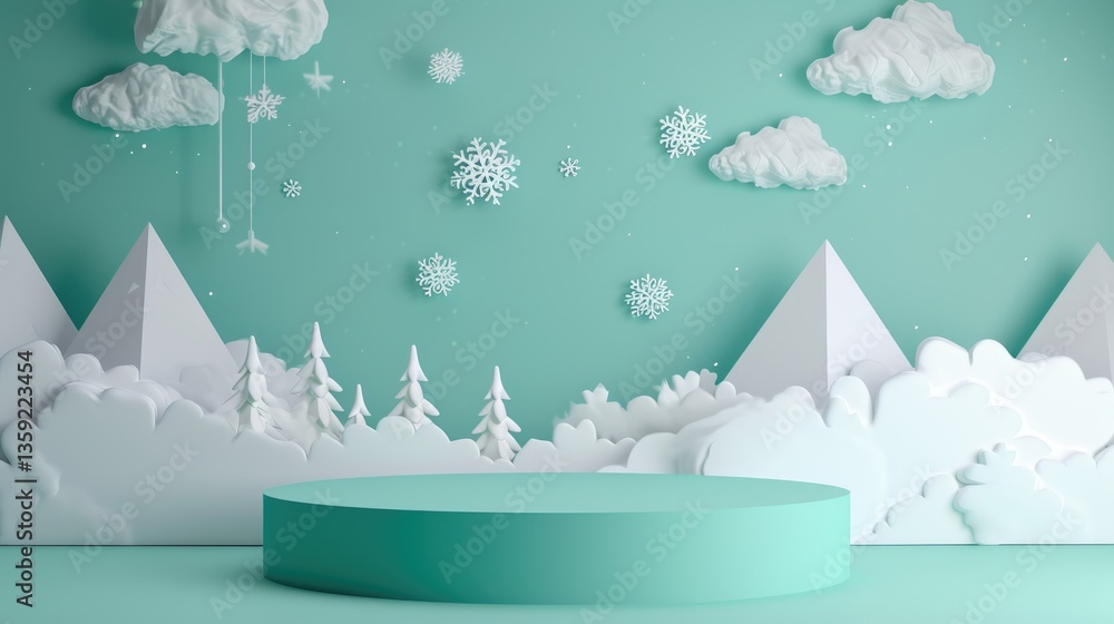 Winter Wonderland With Teal Platform Display and Paper Tree Decoration