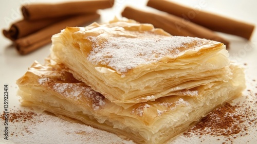 Bougatsa. Traditional Greek Puff Pastry Dessert with Vanilla Pudding and Cinnamon