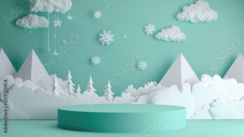 Obraz na płótnie Winter Wonderland With Teal Platform Display and Paper Tree Decoration w salonie