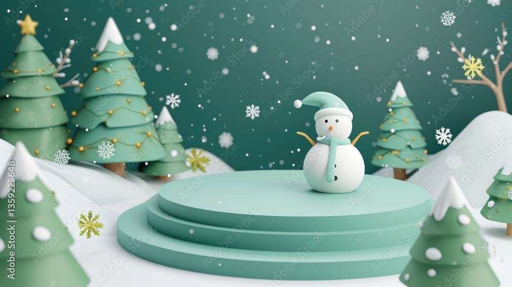 Cheerful snowman on a tiered platform amidst a snowy winter landscape with decorated Christmas trees.