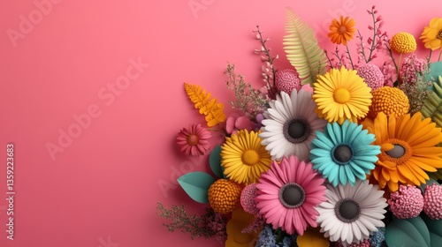 Vibrant paper flowers arranged on pink background