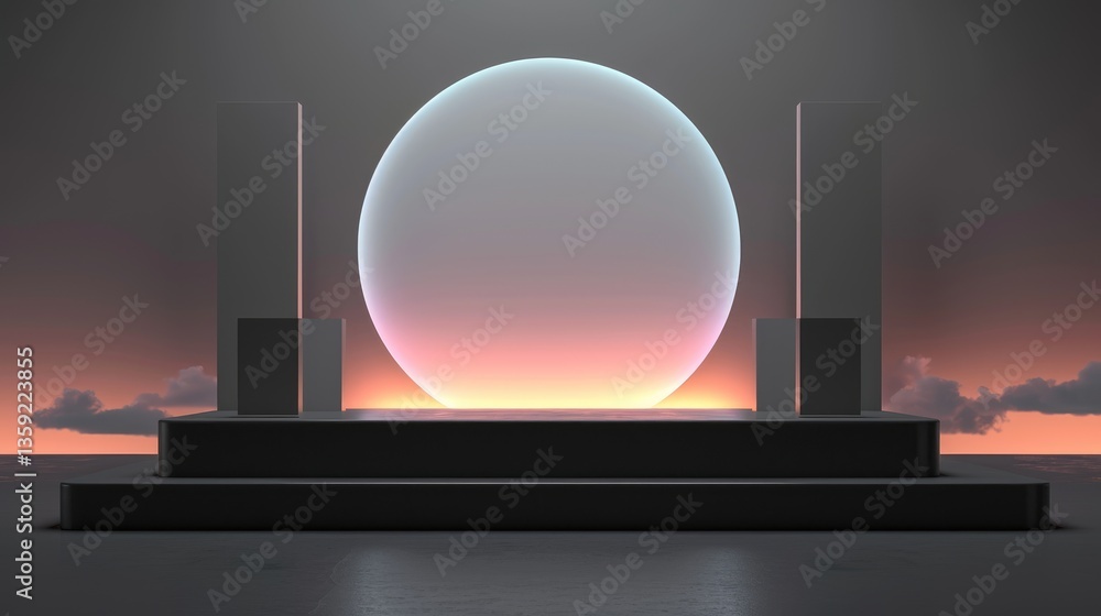 Minimalist Abstract Platform with Oval Light and Sunset Against a Sunset Backdrop.