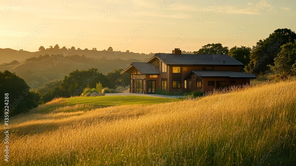 Obraz premium Contemporary home in a peaceful natural landscape, vast greenery symbolizing investment and family future, warm golden hour lighting 