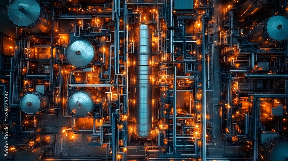 Industrial Symphony: A mesmerizing view of a complex industrial plant, with a symphony of pipes and tanks lit by an array of orange lights, illustrating the intricate world of industry.