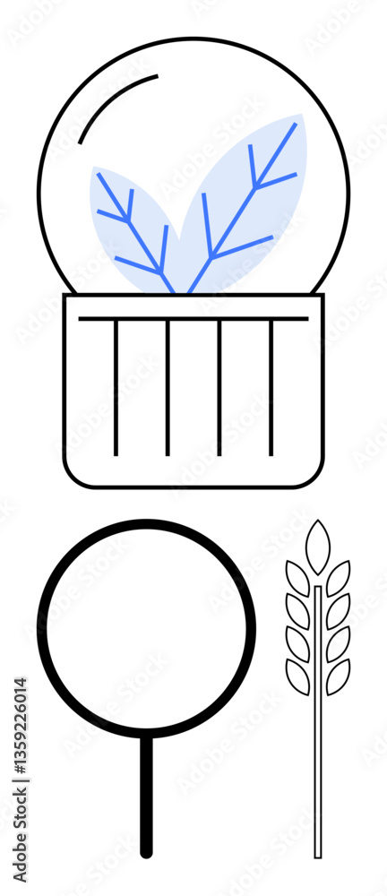 Fototapeta premium Glass dome with simple plant leaves, circle tree symbol, and tall grain stalk. Ideal for eco-friendly growth, sustainable farming, innovation, clean energy, nature, biodiversity flat simple metaphor