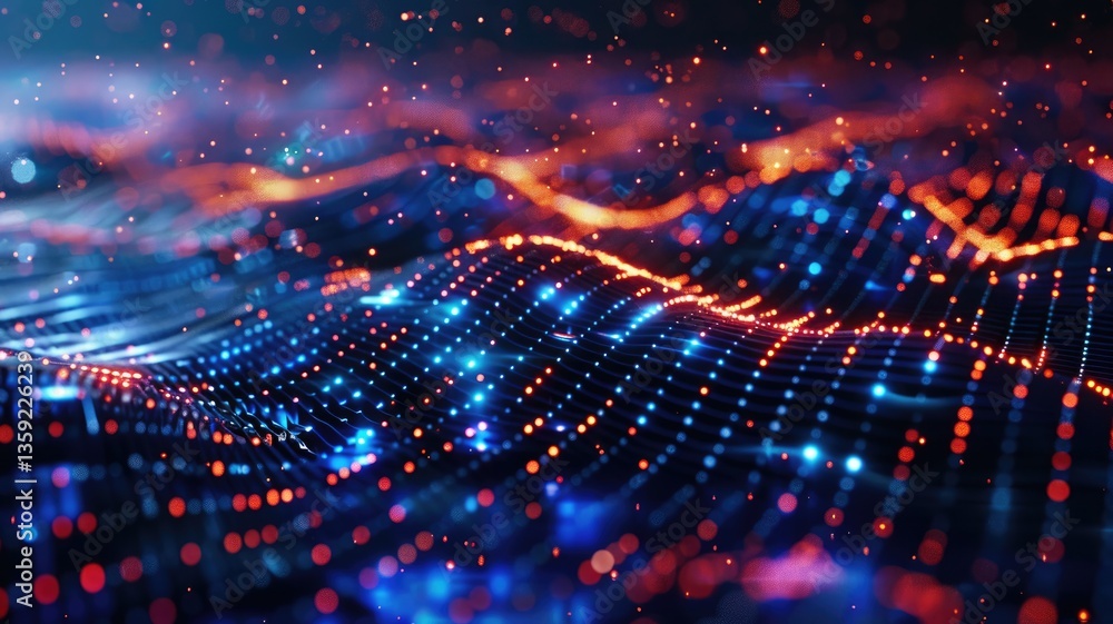 Abstract picture micro light sparkling particle represent data flow vivid flowing wave with high tech background, create digital effect scene perfect for energetic and fantasy wallpaper design. AIG53. Abstract picture micro light sparkling particle represent data flow vivid flowing wave with high tech background, create digital effect scene perfect for energetic and fantasy wallpaper design. AIG53.