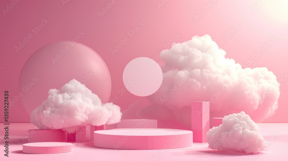 Pink platform surrounded by cotton candy like clouds under a soft pink sky.