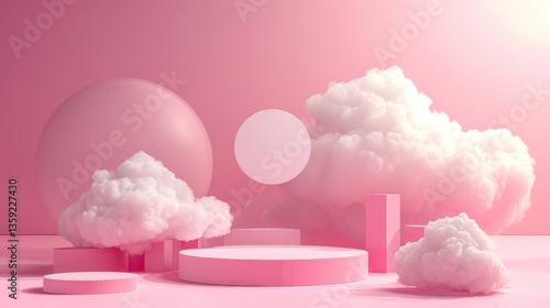 Obraz na płótnie Pink platform surrounded by cotton candy like clouds under a soft pink sky. w salonie