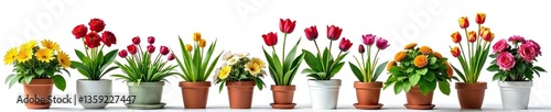Bright and vibrant flowers in assorted pots against a white background,  variety,  summer