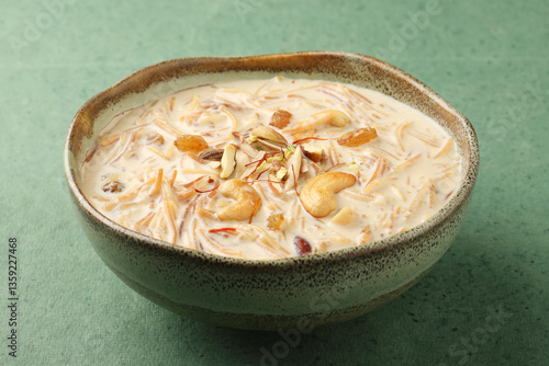 Semiya or vermicilli kheer with cashew nuts, saffron, raisins and almonds