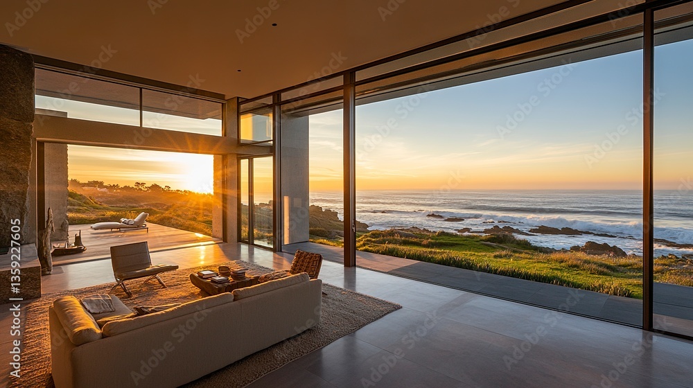 Obraz premium Contemporary villa perched on the coastline, floor-to-ceiling windows showcasing breathtaking ocean views, smooth lines and organic materials, bathed in golden sunlight. 