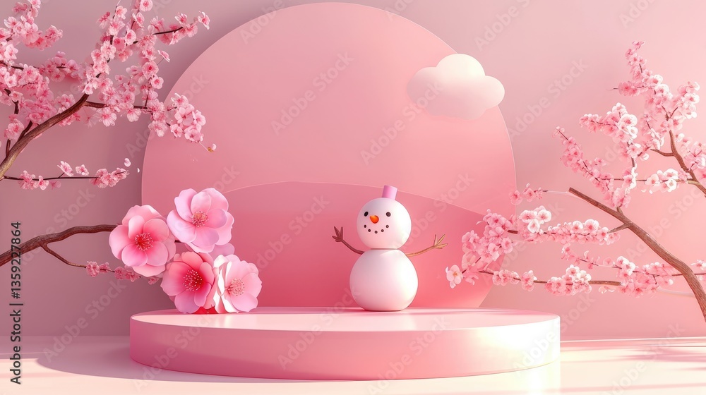Pink Snowman Amidst Blooming Cherry Blossom Trees