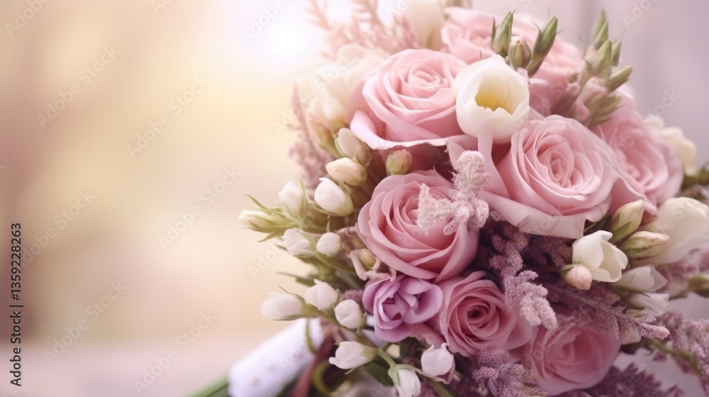 Obraz premium The close up picture of the wedding bouquet that has been putting on the floor with the blur background, the wedding is a ceremony and celebration in which two people are united in marriage. AIG51.