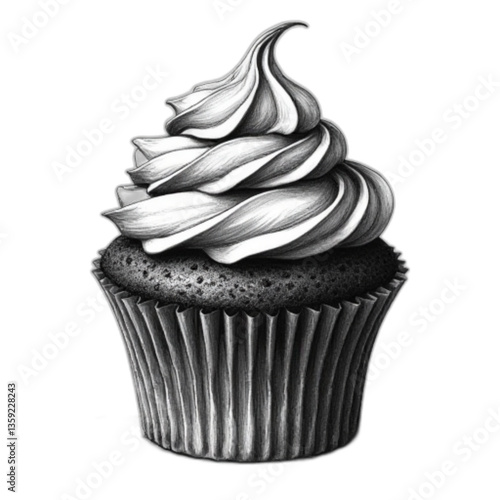 Vector cupcake illustration in grayscale sketch style with detailed frosting on white background