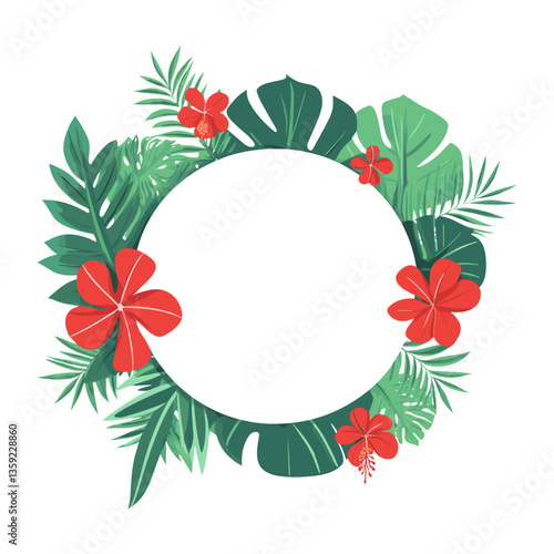 Empty circle with tropical leaves flowers leaf hibiscus vector