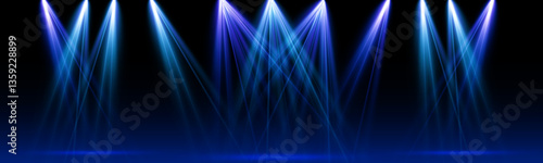 Spotlights of bright blue light with isolated place for stage and presentations. Vector glowing spotlight light effect with transparent beams. 