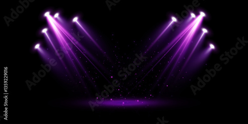 Pink spotlight stage background. Disco party projector light concert or show scene. Magic beam glow for nightclub or award winner with confetti glitter.