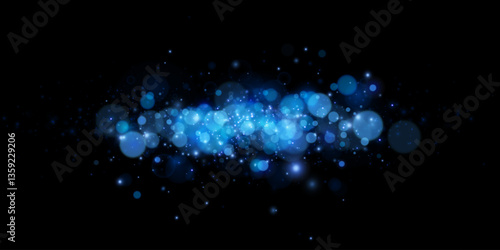 Glitter light effect with blur and bokeh. Abstract background with blue sparkles flares. Overlay effect of magic glow.