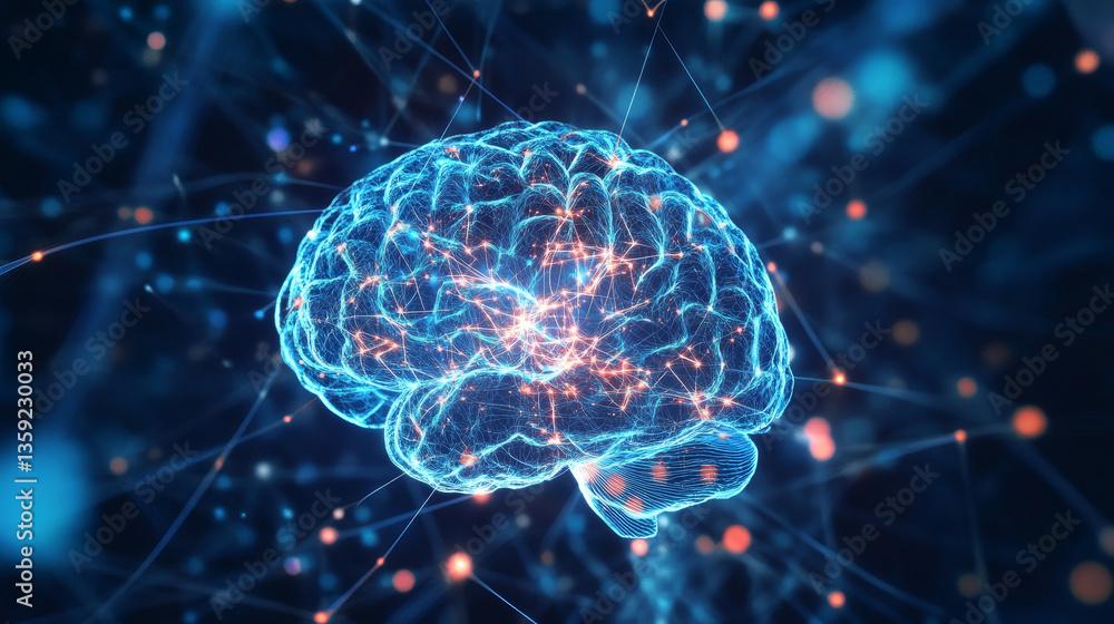 Inside, data processing. Brain under microscope 3D illustration. Neural connections, neural network, electrical impulses in brain Inside, data processing. Brain under microscope 3D illustration. Neural connections, neural network, electrical impulses in brain