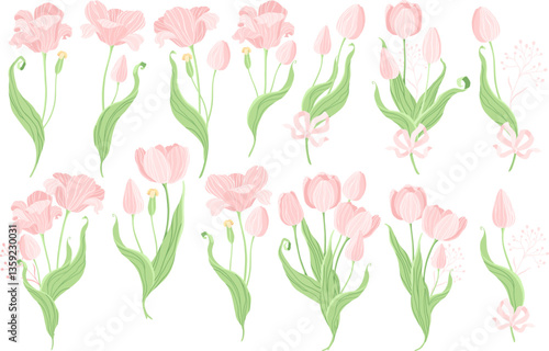 Set of vector clip art of pink tulips and bows and ranches isolated.