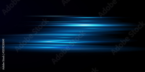 Neon blue lines moving light effect. Horizontal lines. Speed ​​effect on a transparent background. Lines of light, speed and movement.