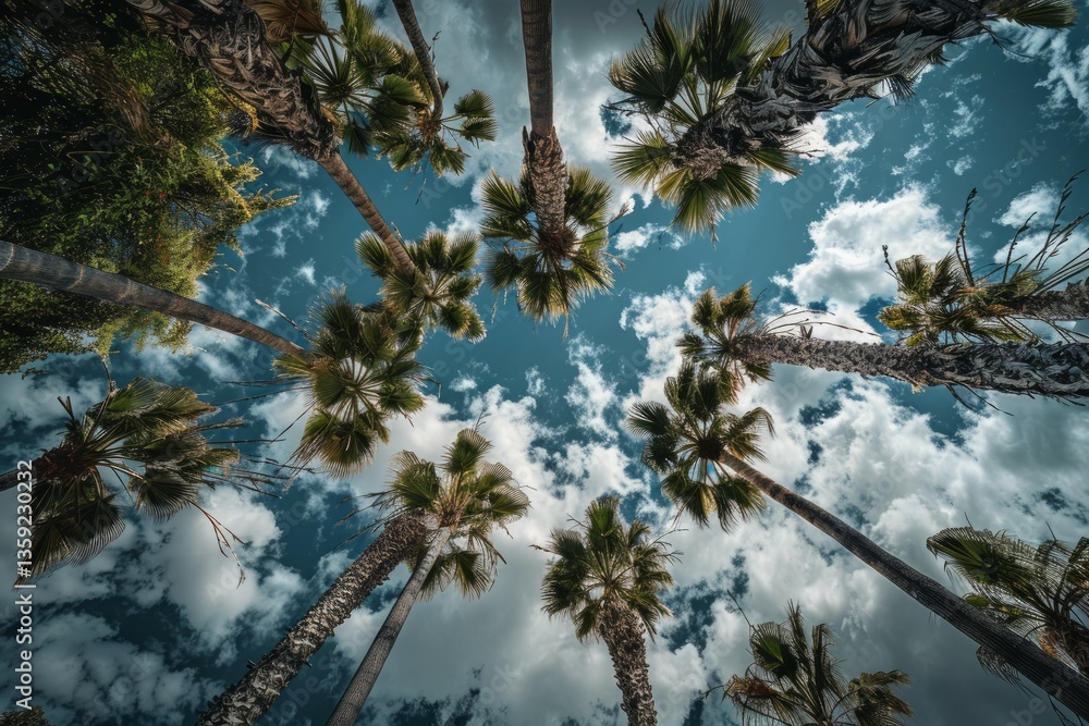Upward view of palm trees against blue sky. Neural network AI generated Upward view of palm trees against blue sky. Neural network AI generated