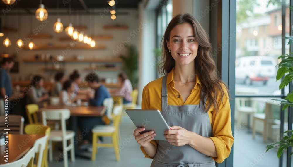 A smiling young woman in a vibrant yellow shirt and gray apron stands confidently in a bustling café, holding a tablet. The warm ambiance is enhanced by soft lighting and lively patrons enjoying A smiling young woman in a vibrant yellow shirt and gray apron stands confidently in a bustling café, holding a tablet. The warm ambiance is enhanced by soft lighting and lively patrons enjoying