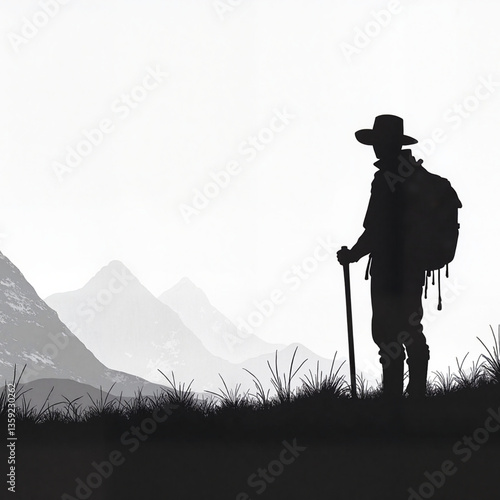 Minimal hiker silhouette vector in mountainous landscape with grayscale tones