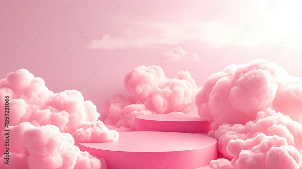 Pink cylindrical platforms nestled amongst fluffy pink clouds