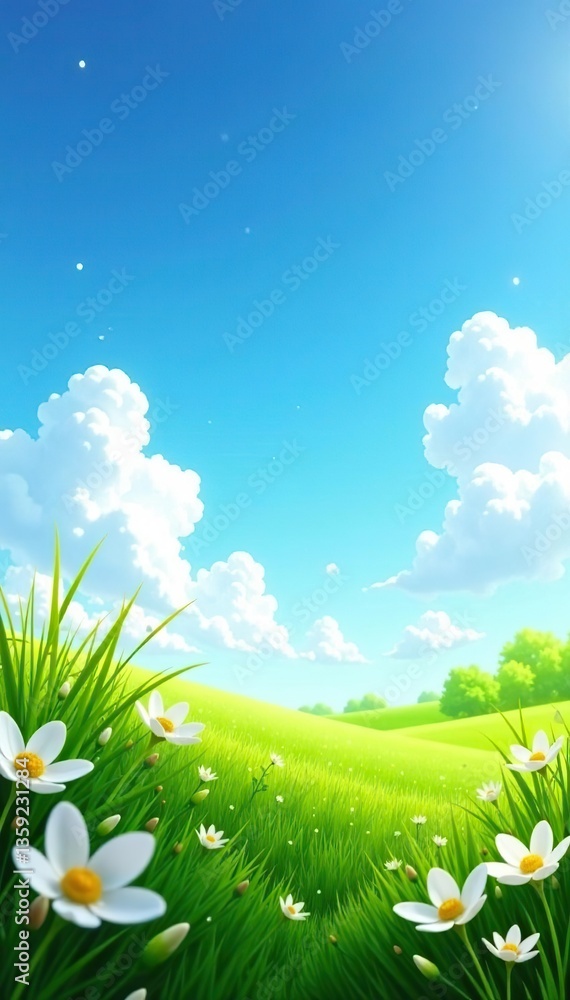 Beautiful spring landscape with green grass, blooming flowers, and a clear blue sky, flowers, green Beautiful spring landscape with green grass, blooming flowers, and a clear blue sky, flowers, green