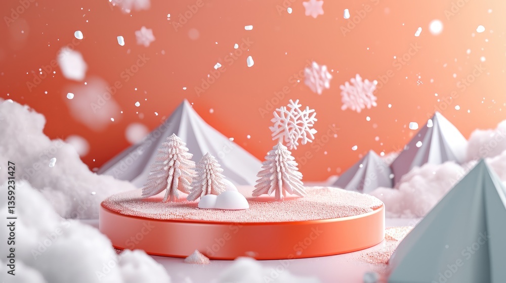 Snowy trees on an orange platform amidst snow covered mountains and falling snowflakes.