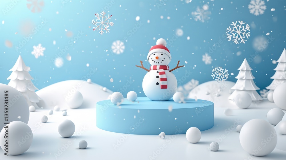 A cheerful snowman stands on a platform in a snowy winter scene