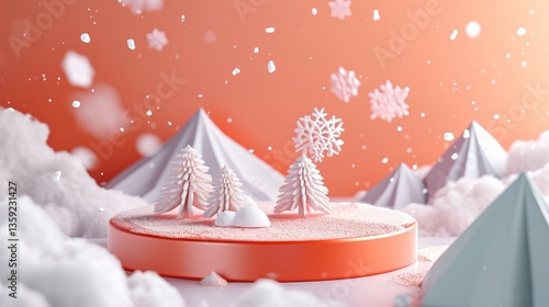Obraz na płótnie Snowy trees on an orange platform amidst snow covered mountains and falling snowflakes. w salonie