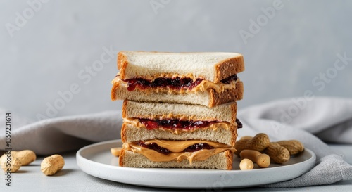 Wallpaper Mural Stack of peanut butter and jelly sandwiches with peanuts on plate Torontodigital.ca