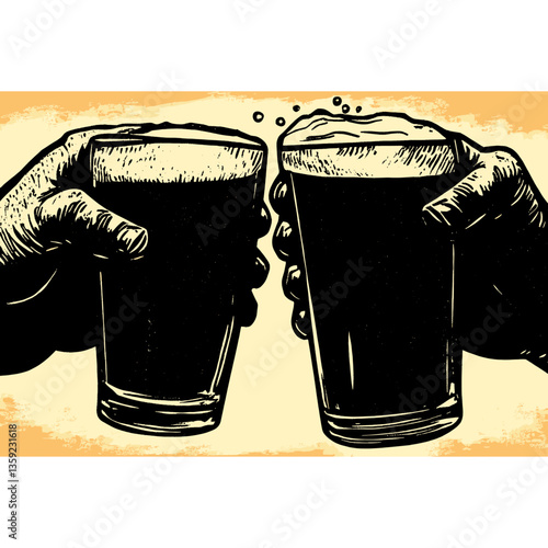 Two clinking beer glasses beverage hands illustration vector
