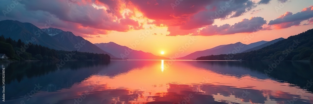Naklejka premium Beautiful summer sunrise over calm lake with vibrant colors reflecting in the water, creating a stunning panorama, reflection, water