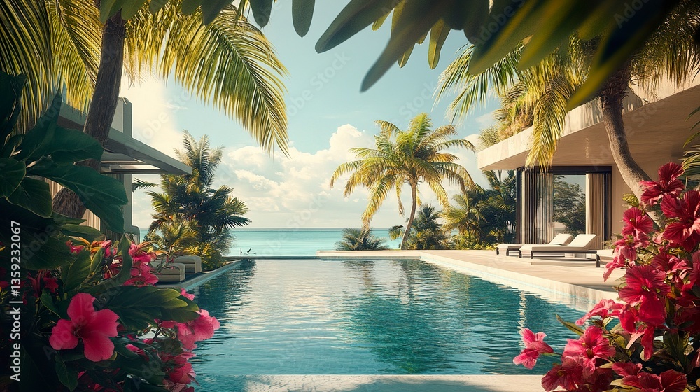 Fototapeta premium Elegant beach house, sleek architecture framed by lush palms, turquoise pool reflecting blue skies, blooming tropical flowers adding charm 