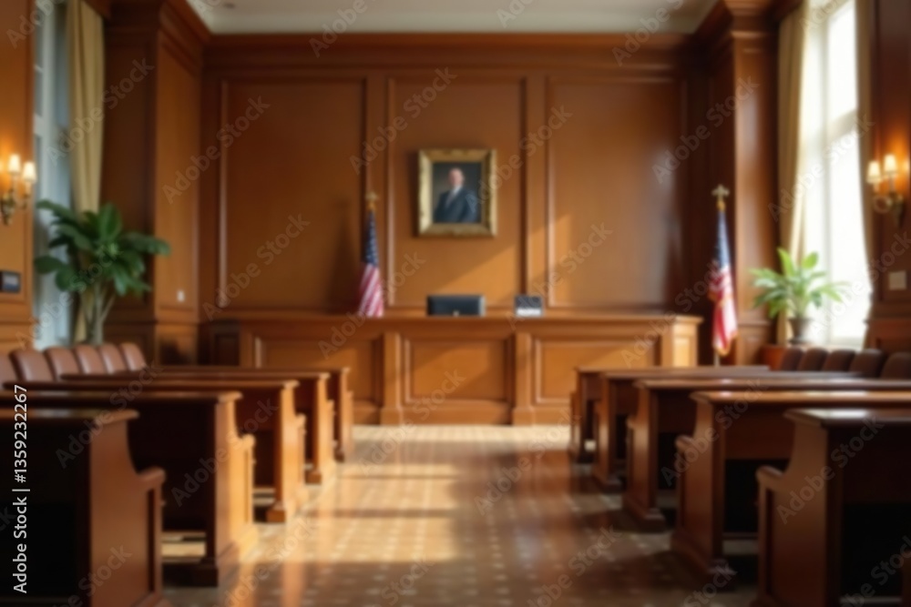 Fototapeta premium Blurred background of empty courtroom with soft lighting and elegant decor, background, architecture