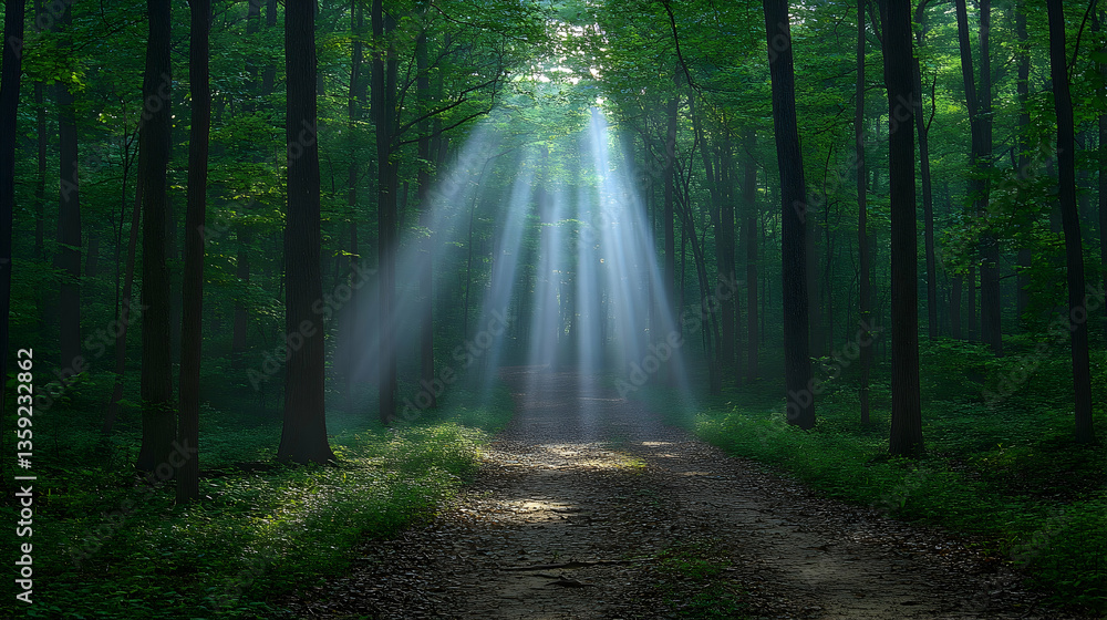 Obraz premium A forest path bathed in sunlight The path is surrounded by trees and foliage The light creates a magical effect in the