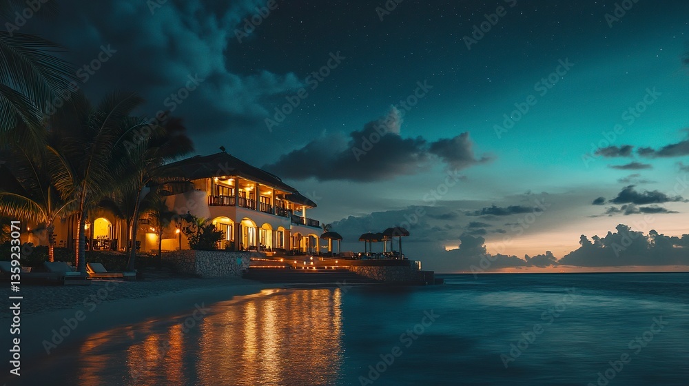 Fototapeta premium Elegant beachfront resort, warm golden lights reflecting on turquoise waters, palm-lined pathways under a starry Caribbean sky 