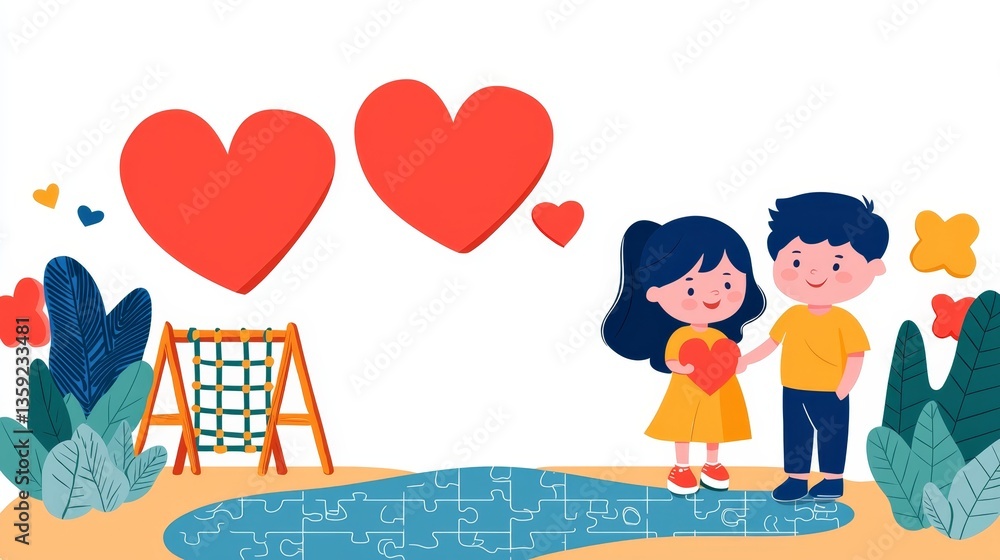 Obraz premium Autism Awareness Day World Autism Day Creative concept. Inclusive Playground Fun: Doodle Illustration of Children on the Spectrum Playing on Puzzle Floor with Copy Space for Text
