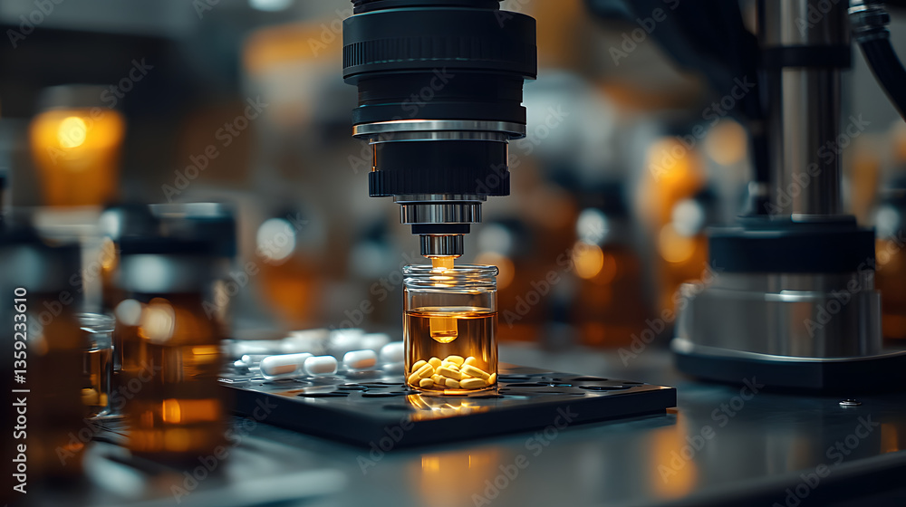Pharmaceutical Precision: A close-up perspective captures an automated robotic arm meticulously filling vials with vital medications, exemplifying cutting-edge technology in the healthcare industry. Pharmaceutical Precision: A close-up perspective captures an automated robotic arm meticulously filling vials with vital medications, exemplifying cutting-edge technology in the healthcare industry.